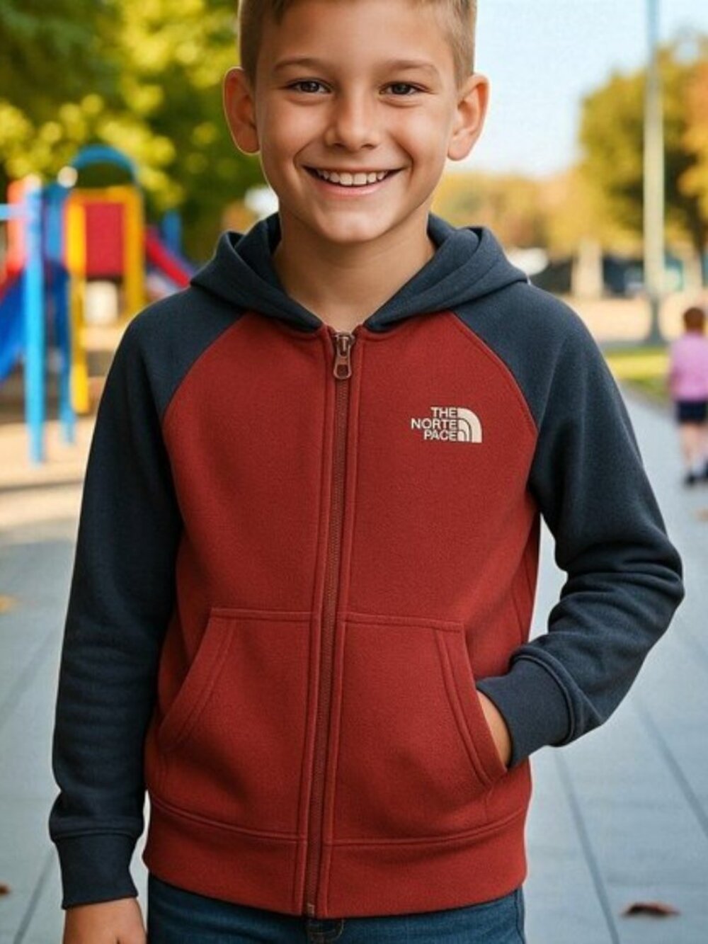 THE NORTH FACE Red Blue Hoodie Full Zipper Jacket Fleece Boys S 7 PLAY CONDITION
